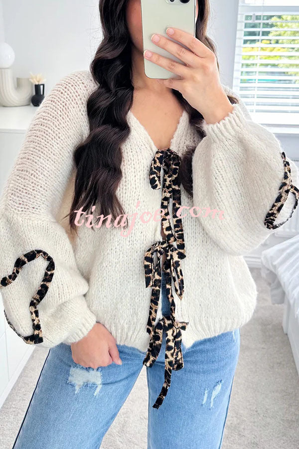 Fashionable Loose Long-sleeved Leopard Print Lace-up Knitted Sweater Cardigan