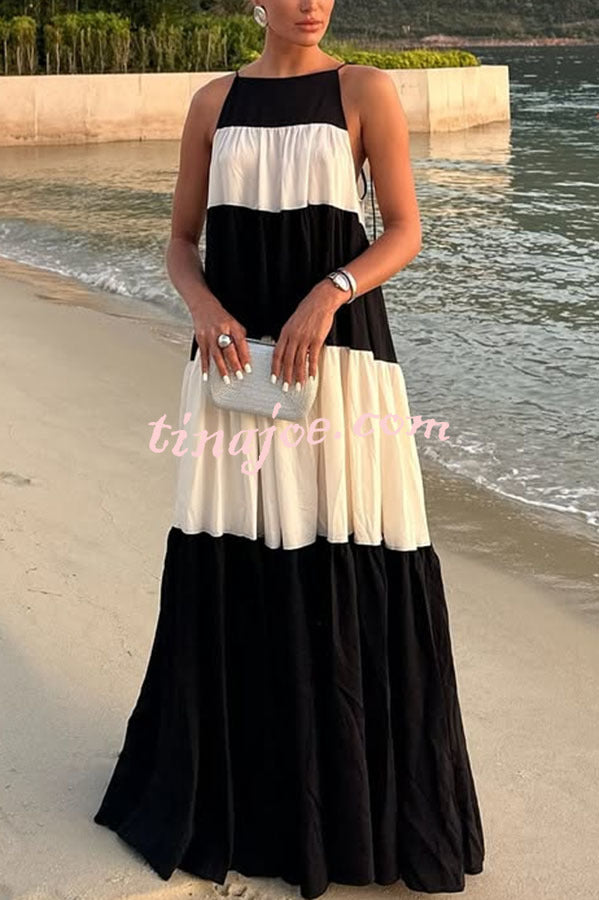 Meila Colorblock Tie-strap Gathered Tiers A-line Maxi Dress