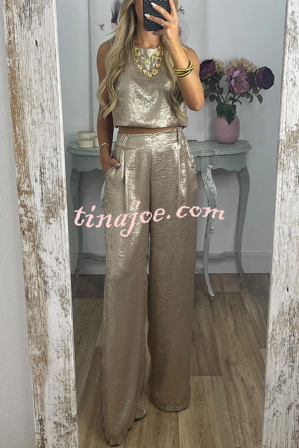 Rita Metallic Fabric Back Buttons Crop Tank and Elastic Waist Pocketed Wide Leg Pants Set