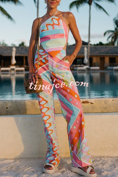 Kathy Unique Print Halter Scarf Tank and Elastic Waist Pocket Loose Pants Set