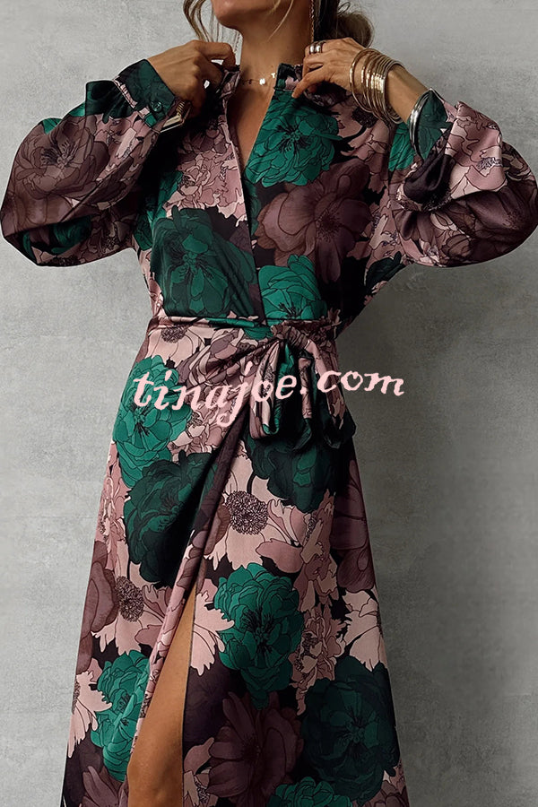 Floral Print Lapel Waisted Lace-up Long-sleeve Maxi Dress