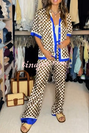 Olivia Satin Checkerboard Colorblock Print Shirt and Elastic Waist Pocketed Loose Pants Set