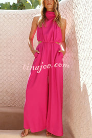 Solid Color Resort Style Halter Neck Waist Pocket Wide Leg Jumpsuit