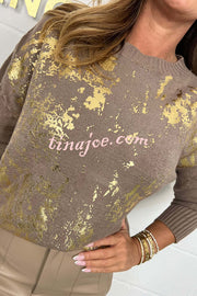 Fashionable Gold Stamping Printed Round Neck Long Sleeve Loose Sweater