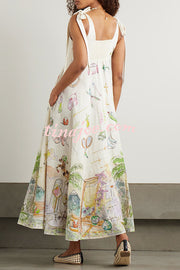 Euro Summer View Linen Blend Unique Print Tie-up Straps Pocket Midi Dress