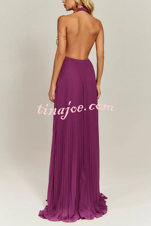 Gabie Chiffon Pleated Braided Halter Neck Backless A-line Maxi Dress