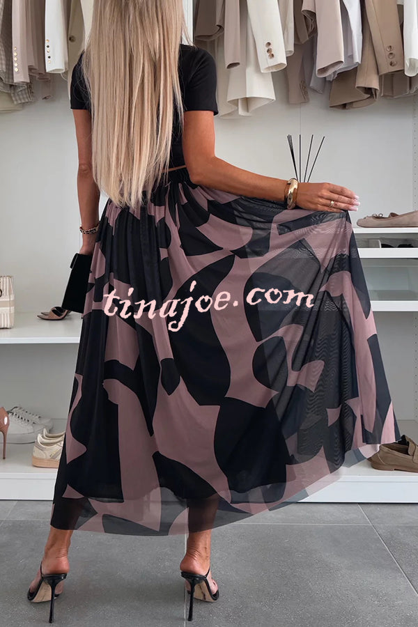 Colorblock Print Elastic Waist Relaxed Tulle Maxi Skirt