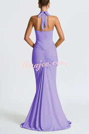 Solid Color Elegant Halterneck V-neck Open Back Tie Gathered Maxi Dress
