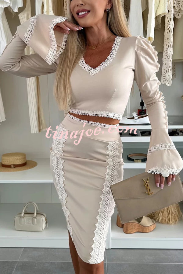 Career Beauty Lace Paneled Long Bell Sleeve Crop Top and High Rise Mini Skirt Set