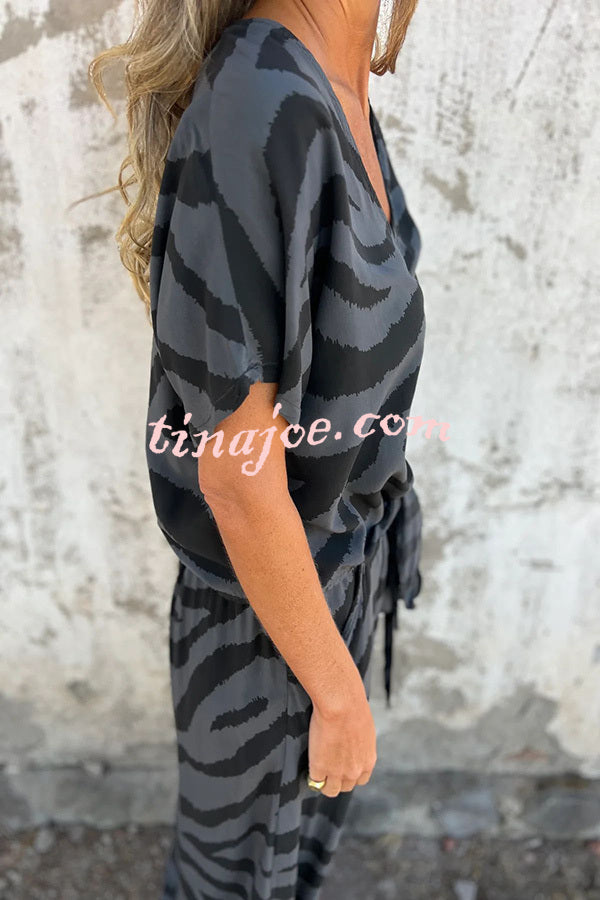 Zebra Print V-neck Short-sleeved Lace-up Top and Elastic Waist Pocket Straight-leg Pants Set