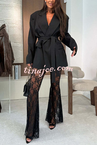 Chic Moment Floral Lace High Rise Elastic Waist Fishtail Hem Stretch Pants