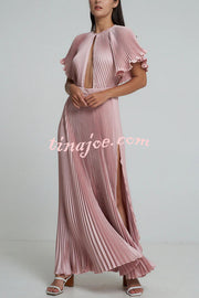 Flash Goddess Satin Pleated Bell Sleeve Cutout Detail Gown Maxi Dress