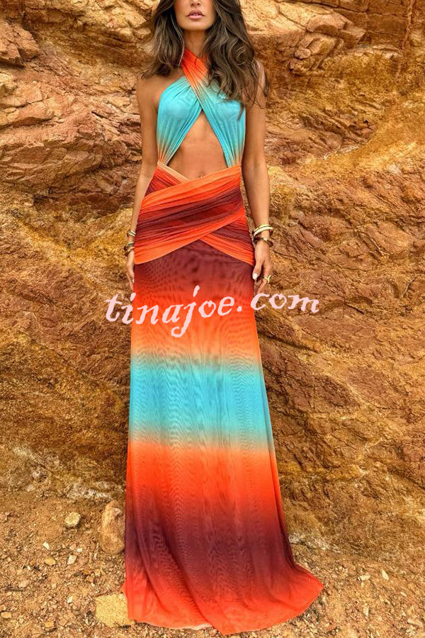 Neon Sunset Mesh Printed Cross Halter Neck Backless Vacation Maxi Dress