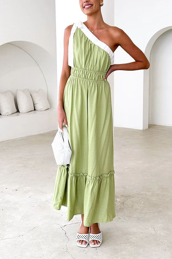 Fashion Sleeveless One Shoulder Tie Elastic Neck Pleated Maxi Dress