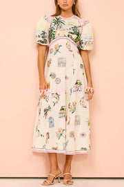 European Summer Sunset Linen Blend Unique Print Puff Sleeve Midi Dress