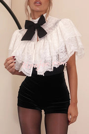 Medieval Style Lace Bow Detail High Neck Open Front Ruffles Cropped Cape Top