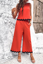 Wave Trimmed Round Neck Buttoned Elastic Waist Pants Suit