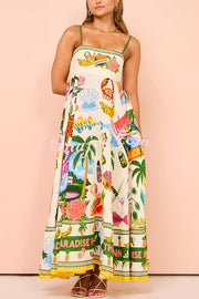 Holiday Paradise Linen Blend Unique Print Smocked Back Pocket Maxi Dress