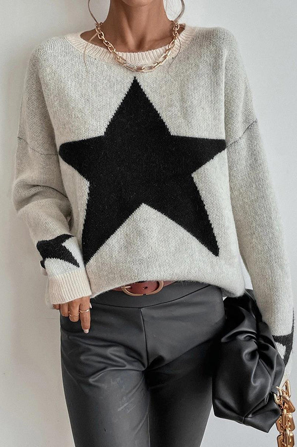 Essnce Star Pattern Crew Neck Long Sleeve Sweater