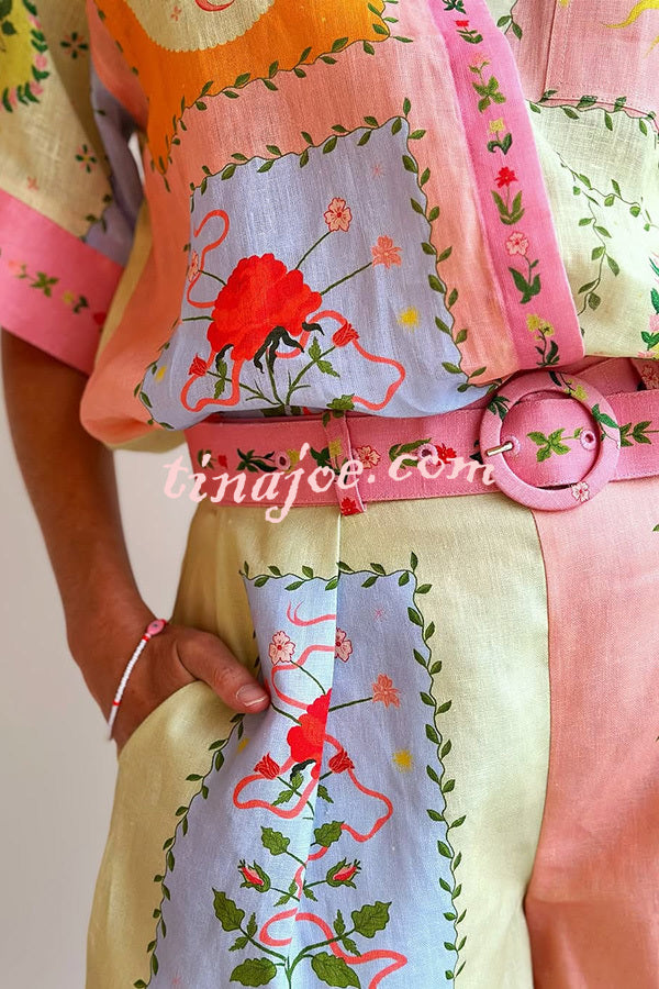 Lily Song Linen Blend Unique Print Short Sleeve Shirt and Belted Pocket Shorts Set