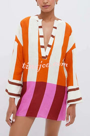 Talah Linen Blend Color Block Print V-neck Long Bell Sleeve Loose Mini Dress