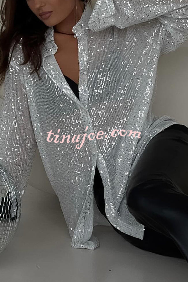 Fashion Sequin Lapel Long Sleeve Loose Shirt