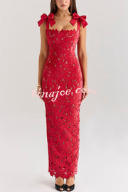 Holiday Intimacy Embroidered Floral Lace Bow Shoulder Straps Slit Maxi Dress