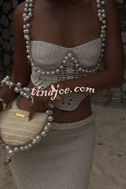 Mirina Hollow Crochet Knit Pearl Trim Heart Collar Crop Vacation Tank