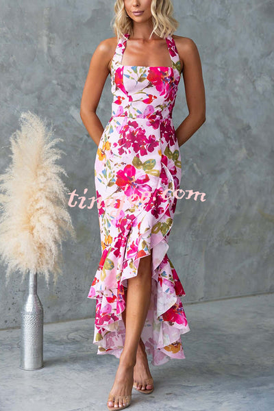 Floral Fantasy Printed Halterneck Backless Slit Ruffles Maxi Dress