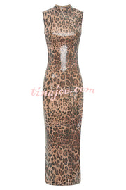 Sparkle Every Step Leopard Sequin Pattern High Neck Slit Stretch Maxi Dress