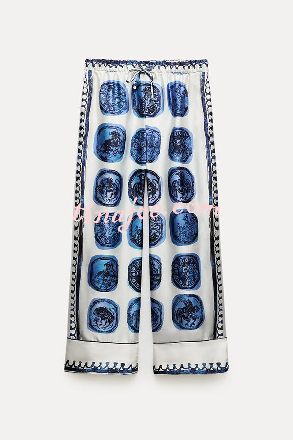 Unique Print Lapel Long Sleeve Shirt and Elastic Waist Wide Leg Pants Set