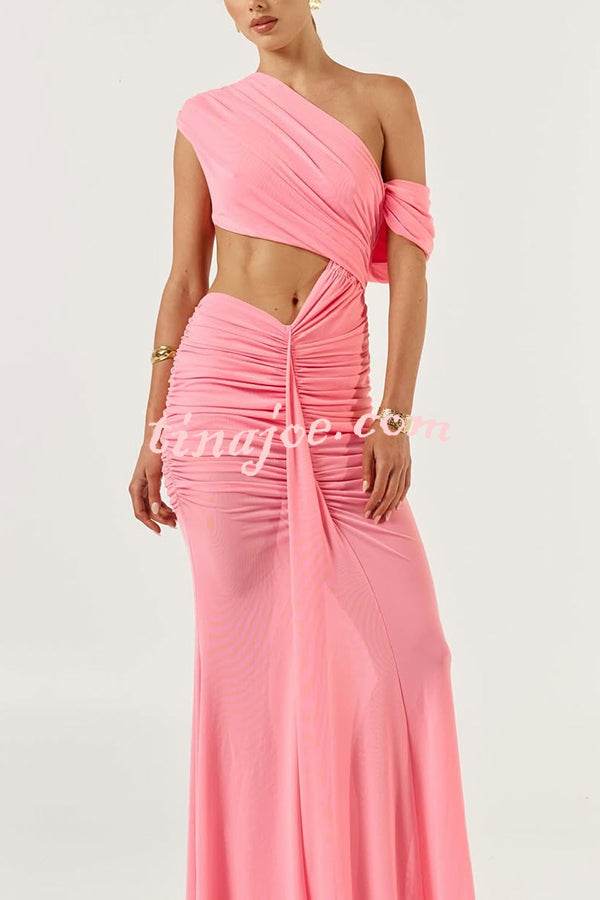 Ceilia Mesh Off Shoulder Cutout Waist Ruched Stretch Maxi Dress