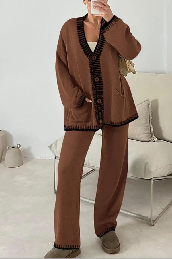 Fashion Casual Knitted Long Sleeve Pocket Cardigan and Elastic Waist Loose Wide Leg Pants Set