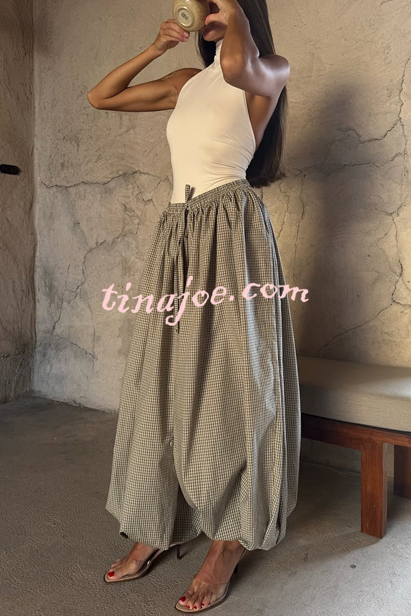 Fashion Plaid Print Elastic Waist Pocket Loose Wide-leg Pants