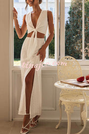 Solid Color Hollow Embroidery V-neck Lace-up Top and Slit Maxi Skirt Set