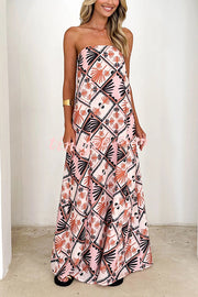 Unique Printed Sexy Strapless Backless Holiday Casual Maxi Dress