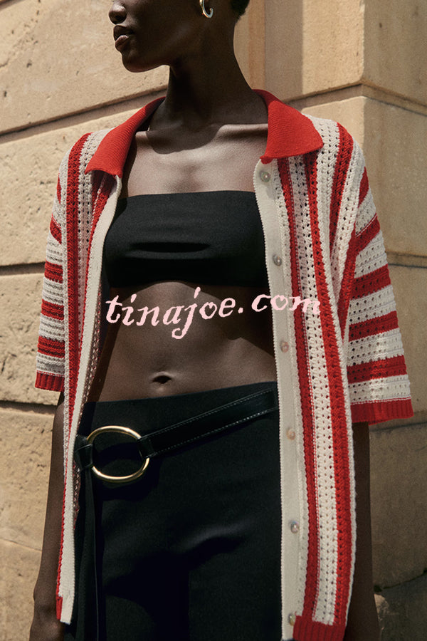 Fashionable Red and White Contrast Lapel Short-sleeved Knitted Top