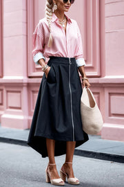 Effortless Charm Front Zipper Detail Pocketed High Low Pleated Midi Skirt