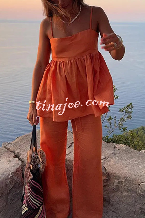 Solid Color Casual Suspender Loose Top and Elastic Waist Wide Leg Pants Set