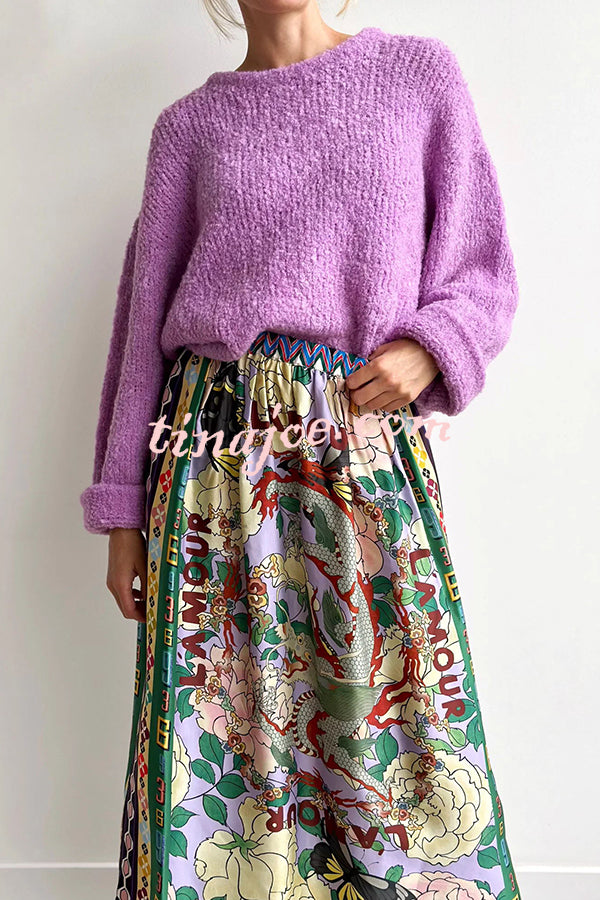 Dragon Season Unique Print Elastic Waist Pocketed Midi Skirt