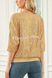 Solid Color Sequined Loose Round Neck Casual Top