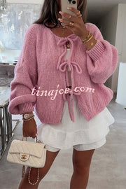 Solid Color Long-sleeved V-neck Lace-up Loose Knitted Sweater