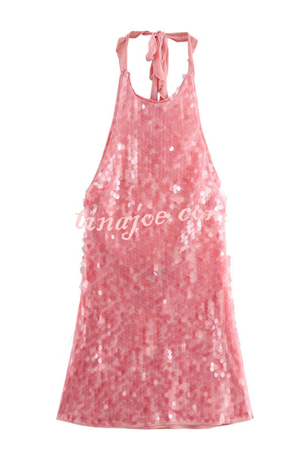 Sexy Rose Disc Sequin Halter Backless Mini Dress