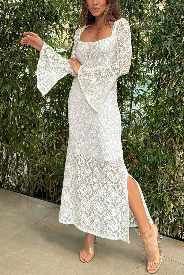 Luxe Lifestyle Lace Square Neck Bell Sleeve Lined Slit Midi Dress