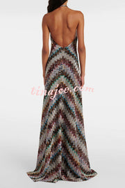 Jodie Knit Colorful Herringbone Print Halter Open Back Maxi Dress