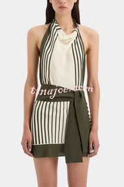 Summer Event⁠ Striped Beads Cowl Neck Backless Tie-up Mini Dress