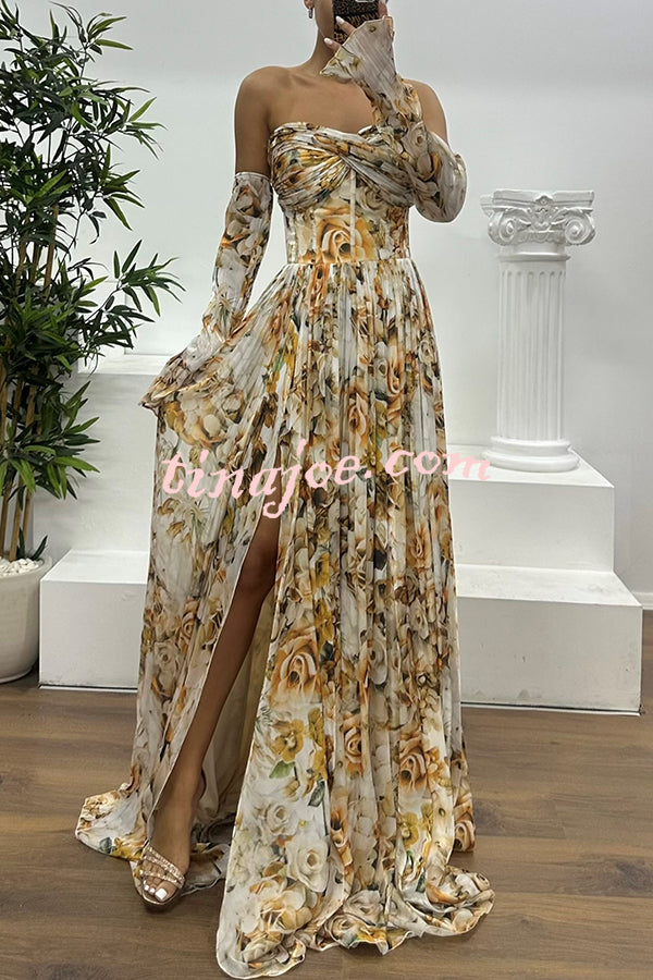 Reina Chiffon Floral Print Pleated Bodice Split Sleeve Strapless Slit Maxi Dress