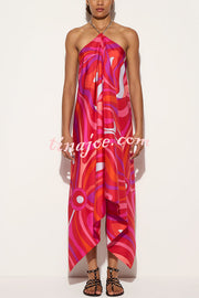 Elmhurst Satin Unique Print Chain Halter Draped Scarf Midi Dress