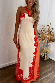 Unique Print Halter Neck Hollow Back Tie Maxi Dress