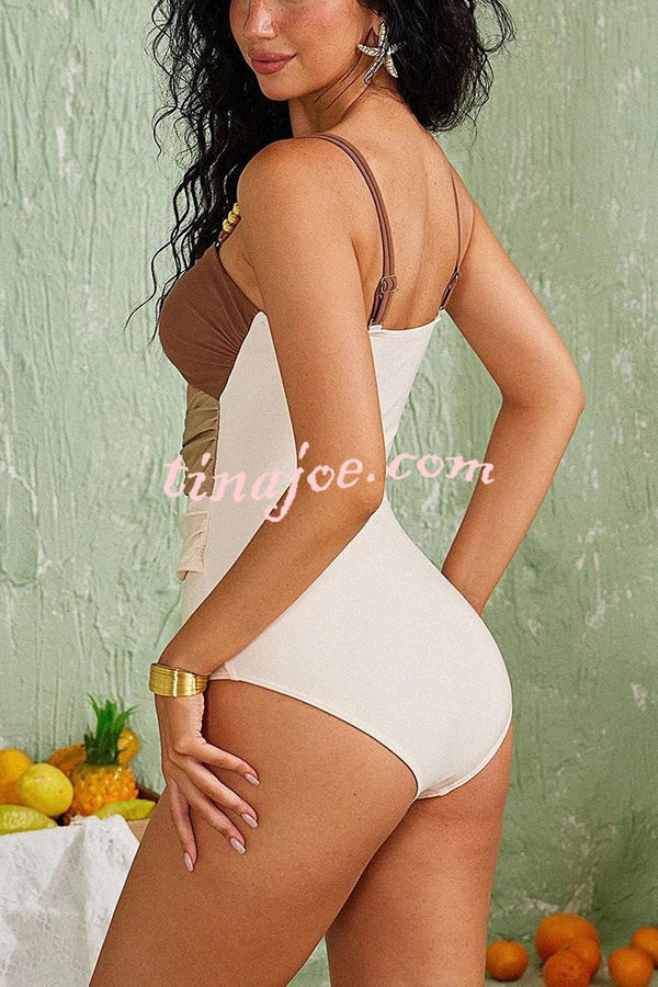 Color Block Patchwork Hollow Metal Decorative Stretch One-piece Swimsuit